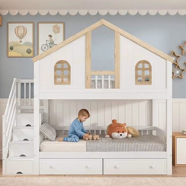 Letto a Castello per Bambini con Cassetti e Scala ¨C MINIMAL ¨C Pino/MDF, Bianco/Naturale, 90x200