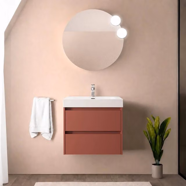 Mobile bagno sospeso 70 cm rosso satinato con due cassetti e lavabo in resina Gaya