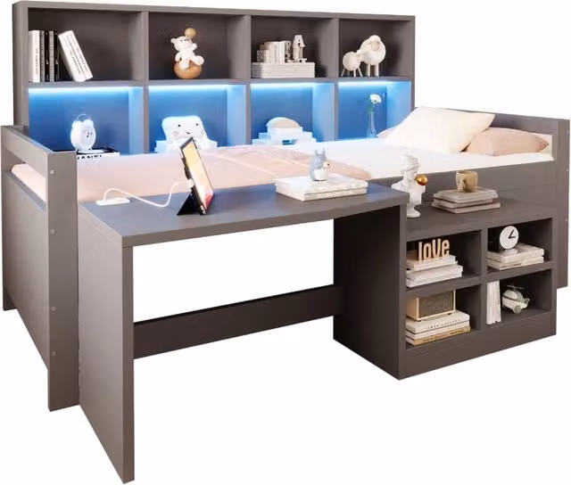 Letto singolo bambino 90x200 grigio in legno con scrivania， contenitori e LED， senza materasso
