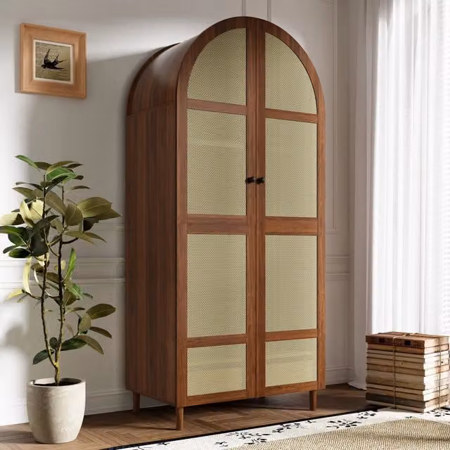 Armadio moderno in legno e rattan marrone con ante a battente, cassetti interni, ripiani e asta appendiabiti per camera da letto o ingresso, H: 179 cm, L: 80 cm, P: 50 cm