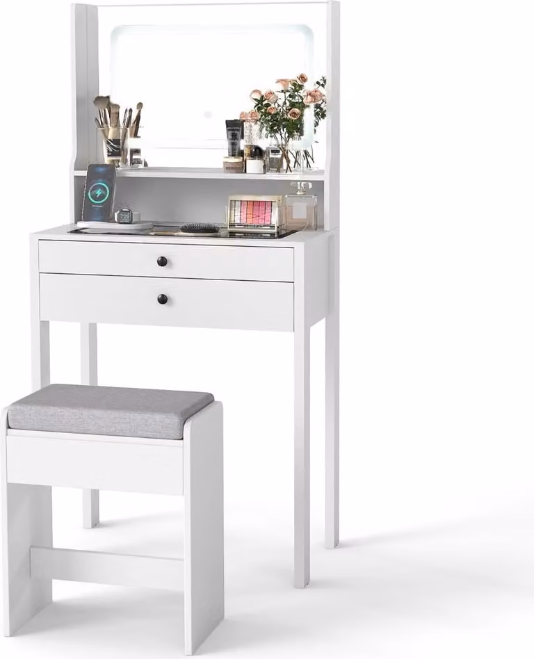 Tavolo da toeletta con specchio a LED, prese elettriche, sgabello imbottito, bianco
