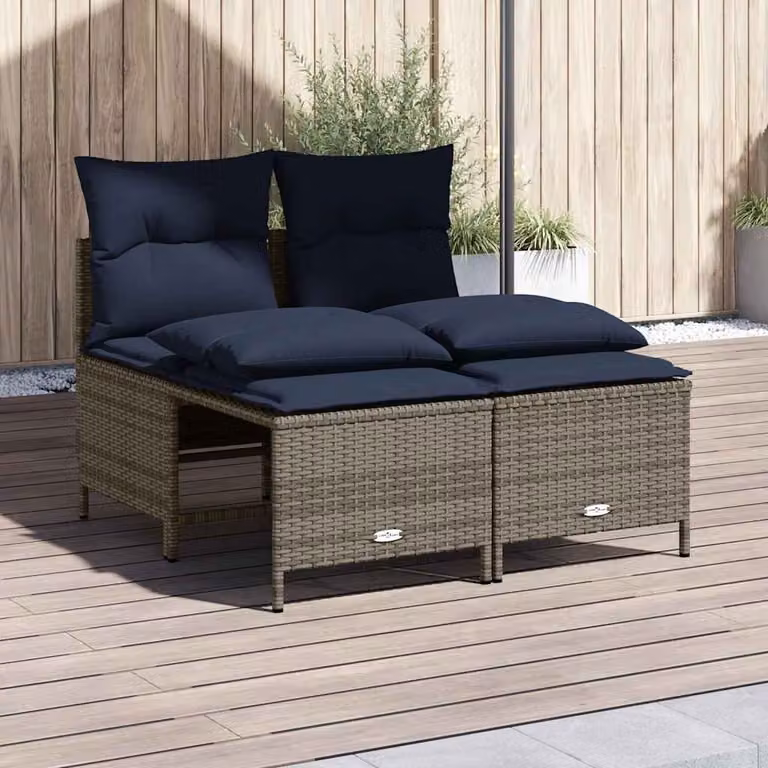 Set Divani da Giardino vidaXL a Forma di L con Cuscini e Ottoman, Polyrattan e Metallo, Grigio e Blu