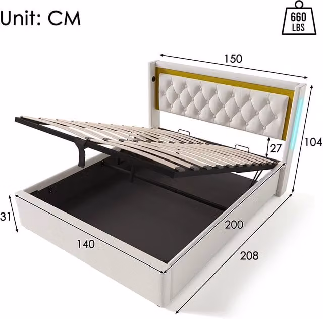 Lit con contenitore LED - Xylo - 140x200 cm Beige - Testiera USB tipo C