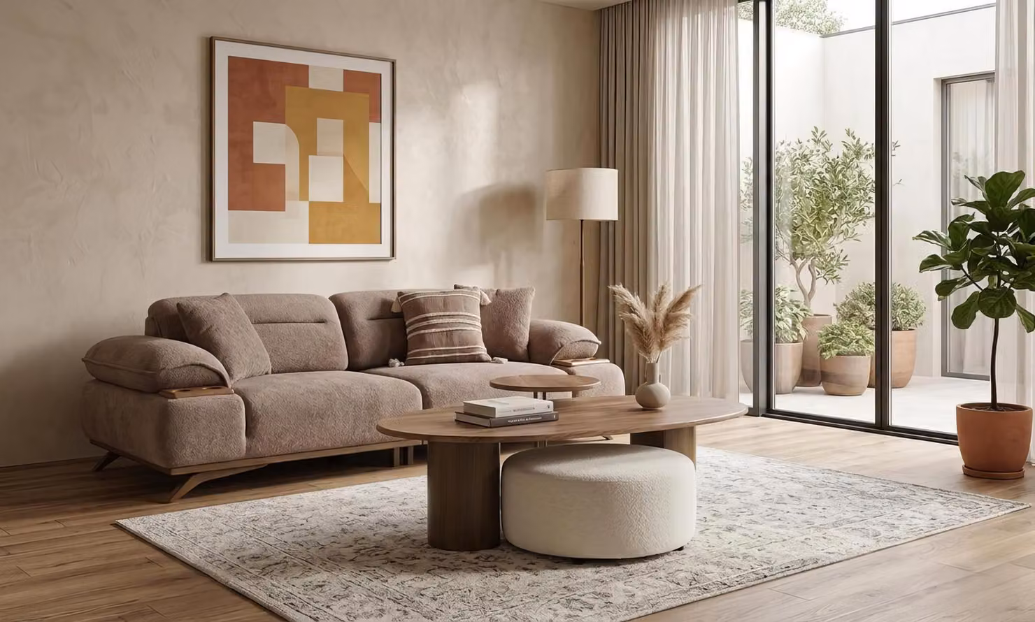 Divano a 3 posti, tavolino, poggiapiedi, stile moderno, colore marrone, elegante, lussuoso, set completo