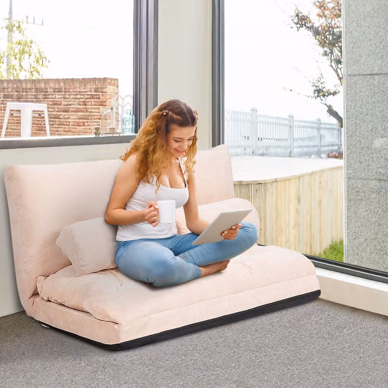Divano letto Costway regolabile in 6 posizioni con 2 cuscini, rivestimento in camoscio beige