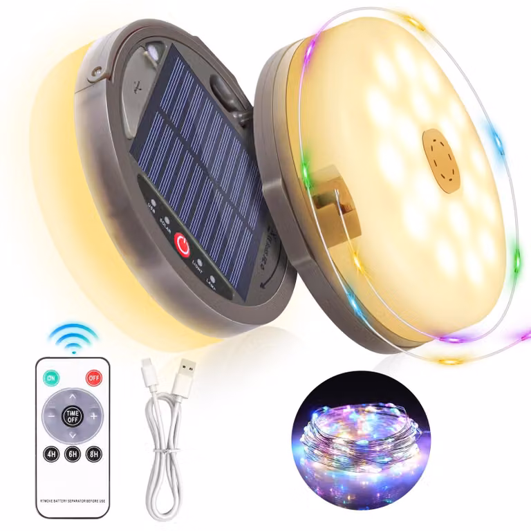 Catena luminosa da campeggio, 12,8 metri, 128 LED, arrotolabile, alimentazione solare + USB, batteria da 3600 mAh, con funzione di regolazione dell'intensità luminosa