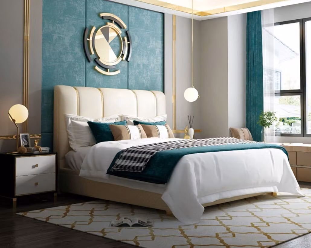 Luxus Bett Schlafzimmer Italienisches Leder Doppel Betten Metall Design Polster