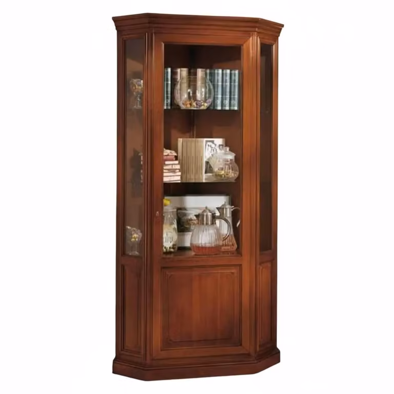 Vetrina angolo Mobili 2G in legno e vetro con ante in vetro, colore noce, L: 75 cm, P: 75 cm, H: 215 cm