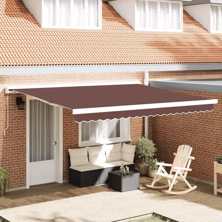 Tenda da sole retrattile manuale vidaXL con bracci pieghevoli in alluminio e tessuto in poliestere, Marrone, L: 400 cm x P: 300 cm