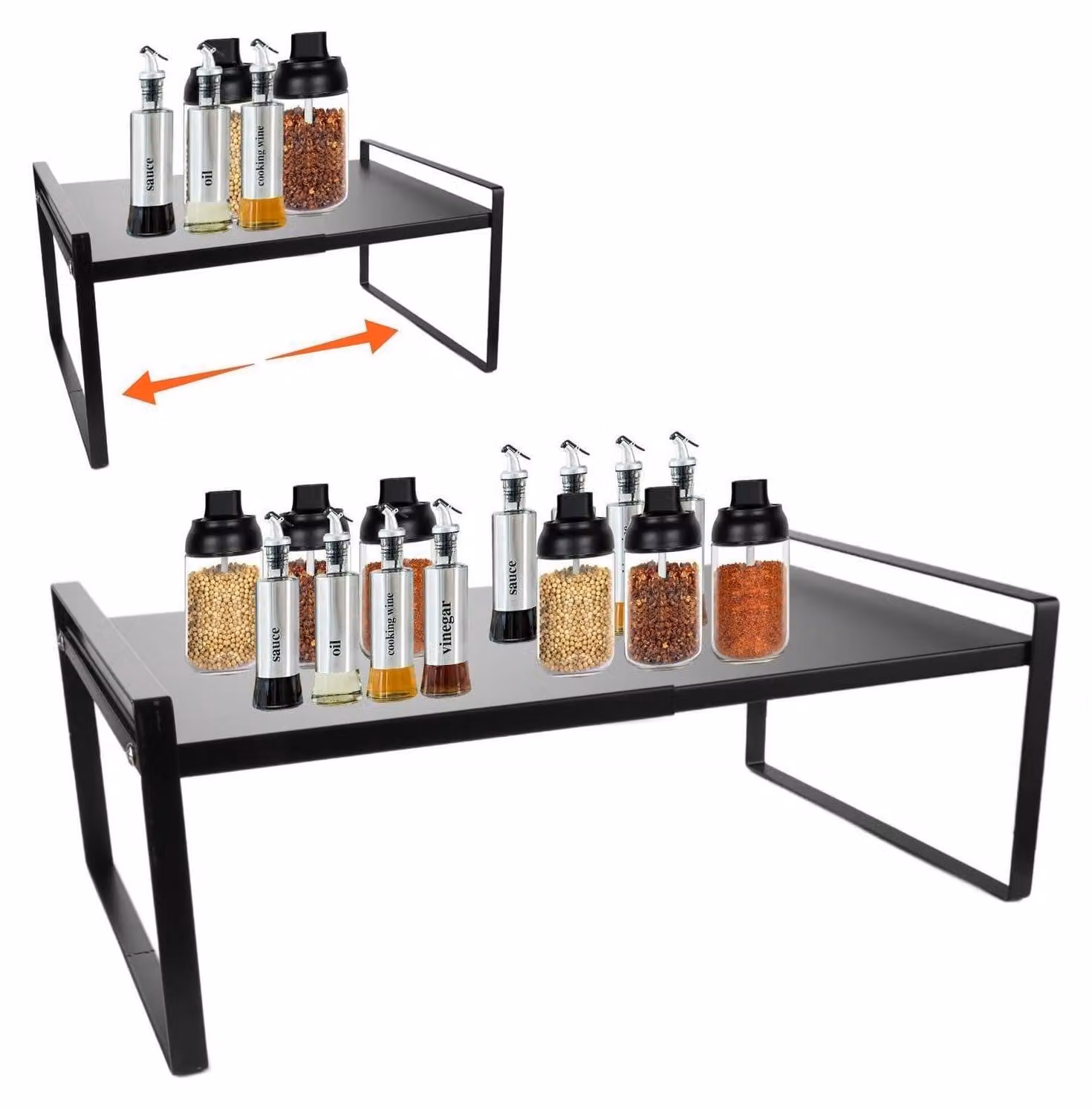 Organizzatore per scaffali da cucina, estensibile da 35 a 65 cm, in metallo nero, impilabile