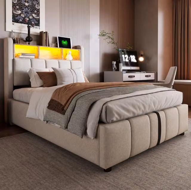 Letto imbottito 90x200 cm con LED; contenitore in lino beige