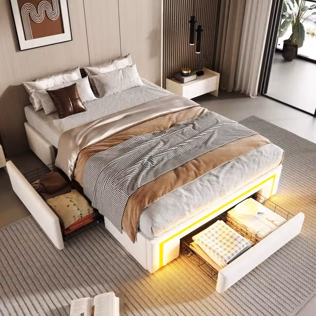 Letto singolo OKWISH in similpelle bianca con cassetti e illuminazione LED, L/P: 90 x 200 cm