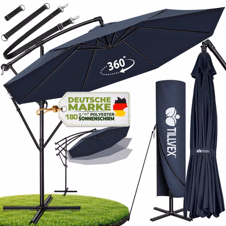 tillvex ombrellone blu navy Ø 300 cm ombrellone pensile da giardino ombrellone da mercato ombrello a manovella balcone alluminio inclinabile