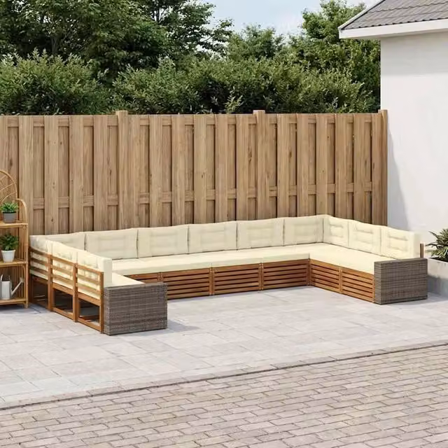 Set di divani da esterno vidaXL in legno di acacia massello con cuscini beige e marroni per giardino e terrazza
