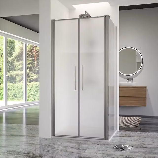 Box doccia 70x90cm con apertura saloon e parete fissa, profili cromati e vetro da 6mm opaco h195 | Elba