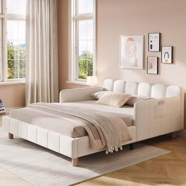 Letto imbottito per bambini 140x200cm ¨C Minimal ¨C beige velluto legno massello con testiera e protezione anticaduta