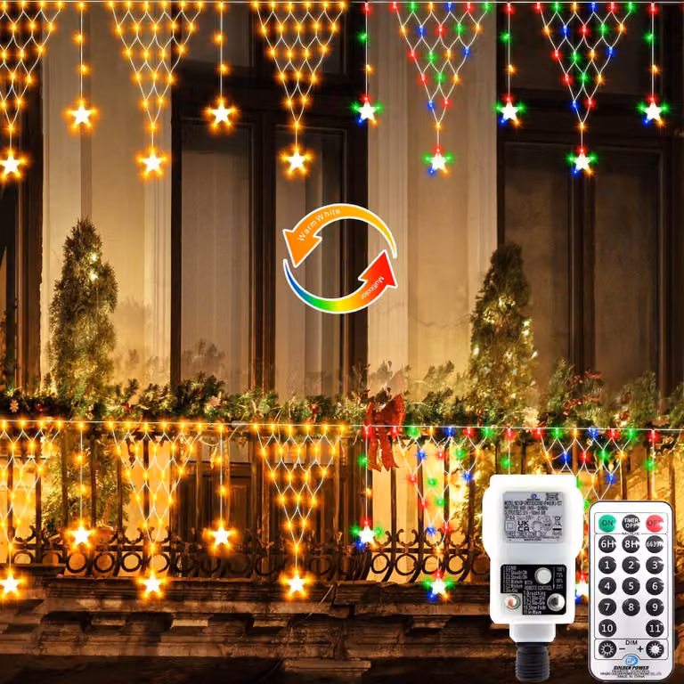 Illuminazione a rete a forma di stelle, lunghezza 4 metri, 196 LED, 2 colori, con telecomando