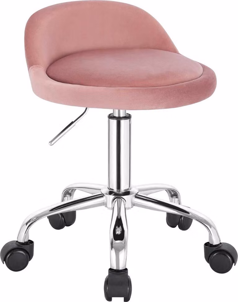 Happyment Sedia da lavoro su rotelle - Rosa - Sgabello a sella - Sgabello per parrucchieri - Sgabello girevole senza schienale - Ergonomico - Velluto