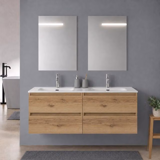 Mobile bagno sospeso 120 cm quercia naturale due cassettoni e doppia vasca Leda