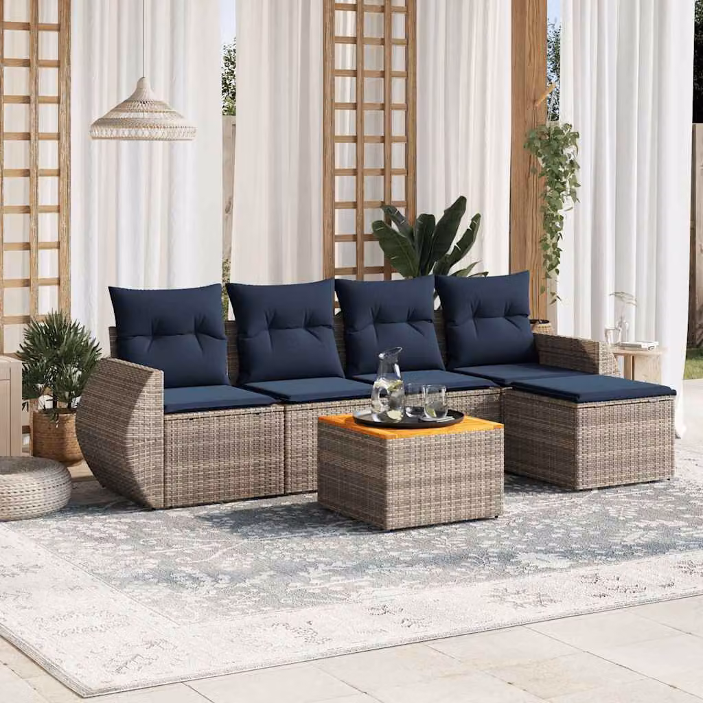Set da giardino vidaXL in polyrattan da 6 pezzi con cuscini grigi e blu e tavolino da esterno