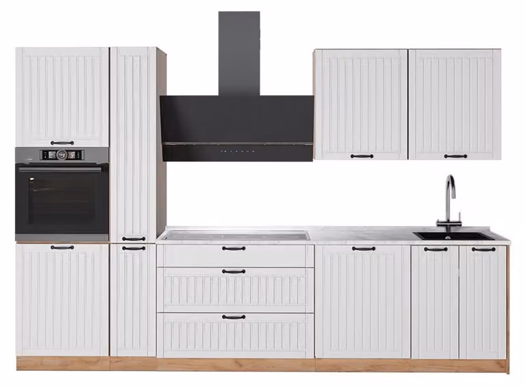 Cucina componibile Vicco Fame-Line Bianco rustico/Rovere dorato 310 cm, PL Marmo, Model 64314