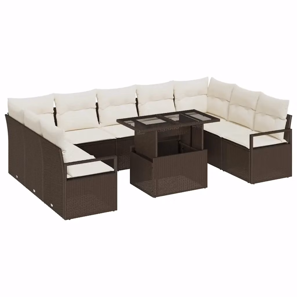 Set Divano da Giardino vidaXL 10 Pezzi in Polyrattan Marrone e Beige con Cuscini e Tavolino da Caffè – 2