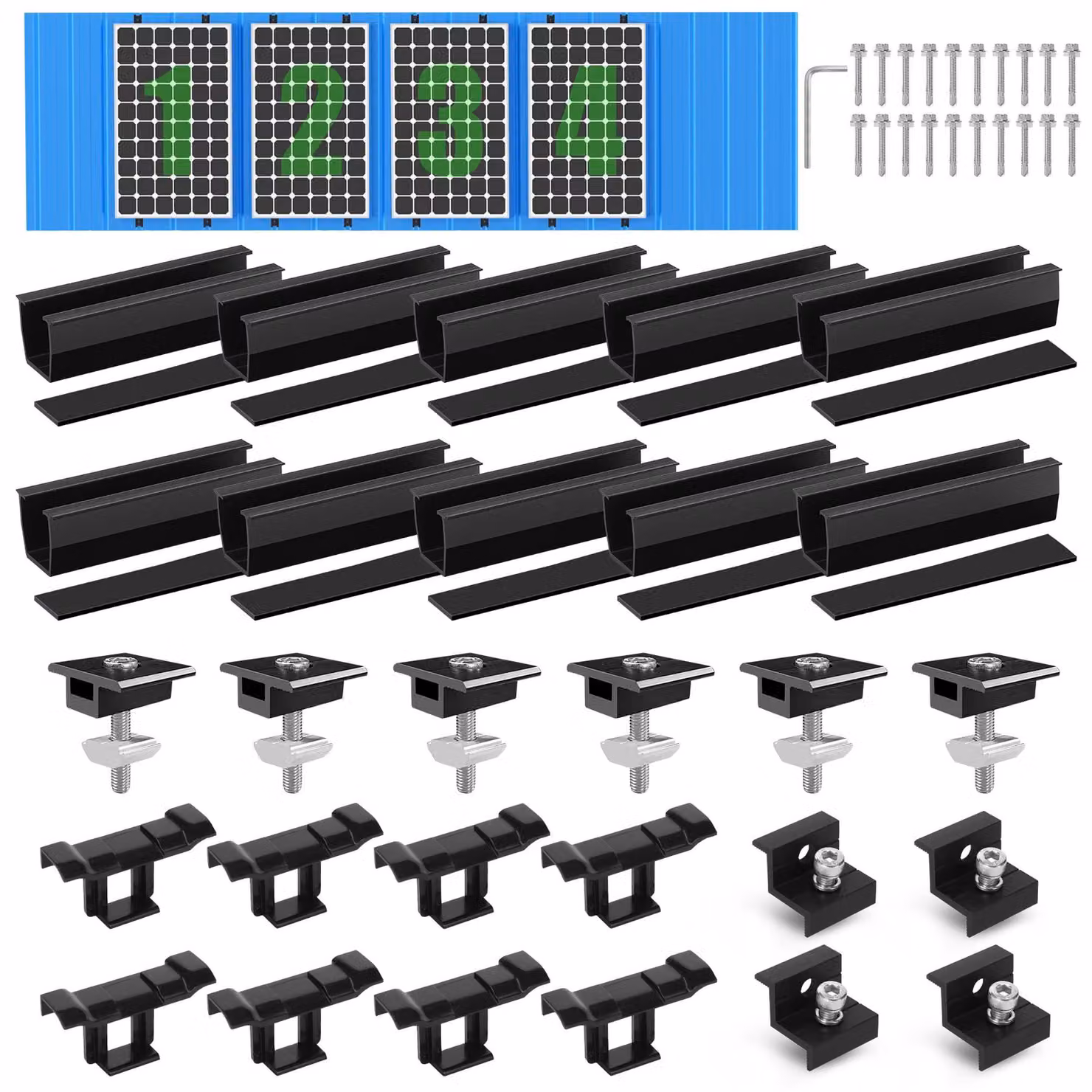 Kit di montaggio per pannelli solari, per 4 moduli, con binario nero da 12 cm