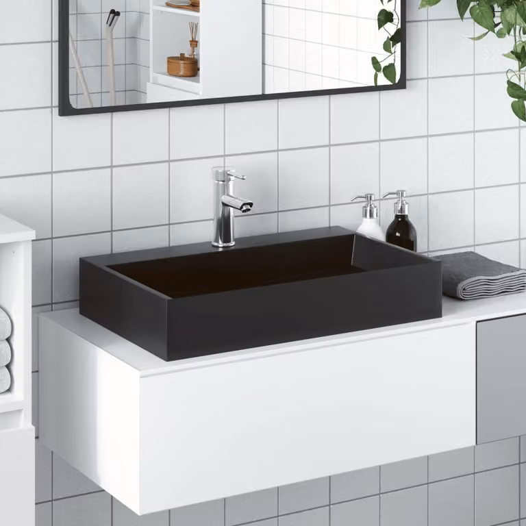 vidaXL Lavandino in Pietra Naturale Nero Opaco L: 60 cm, P: 38 cm, H: 11 cm