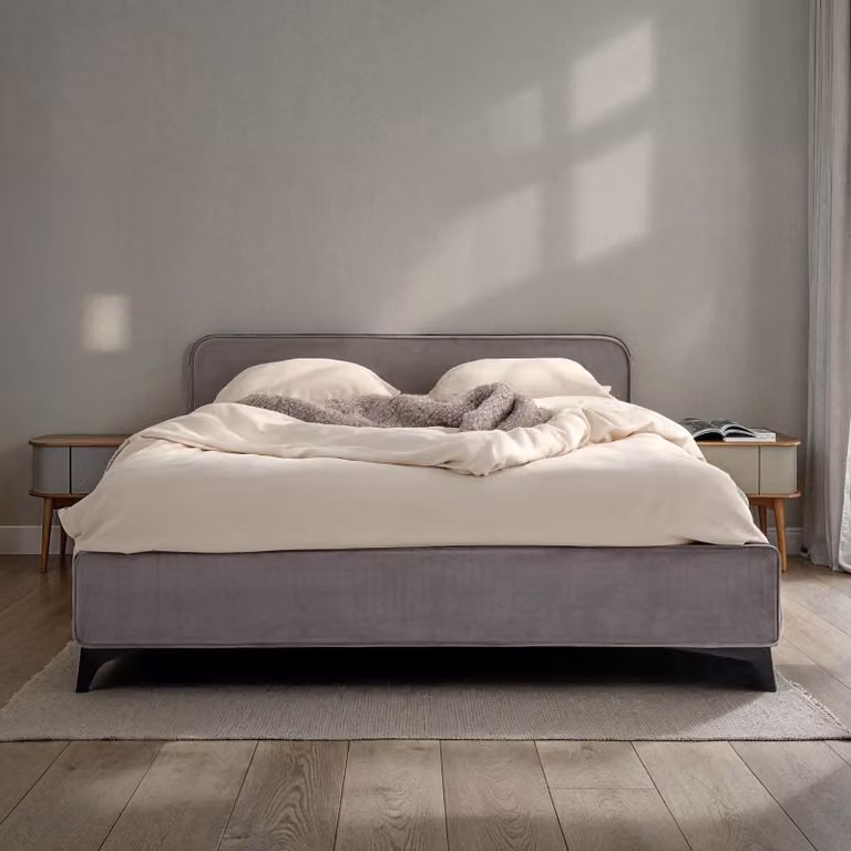 Letto imbottito LAVORO, letto singolo 140x200, grigio - Letto con rete a doghe e rivestimento in velluto, struttura con testiera imbottita, design moderno, robusto telaio in legno e gambe in metallo