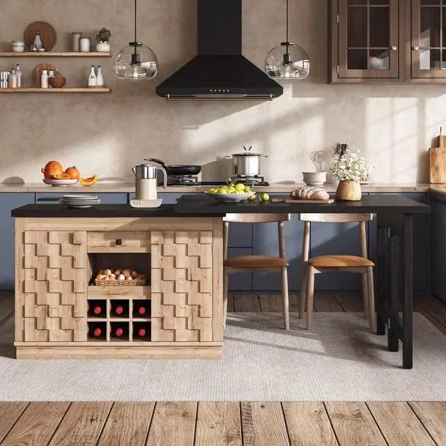 Mobile Isola da Cucina ¨C Minimal ¨C 120-197cm, effetto rovere chiaro/nero, con cassetti, portavino estraibile