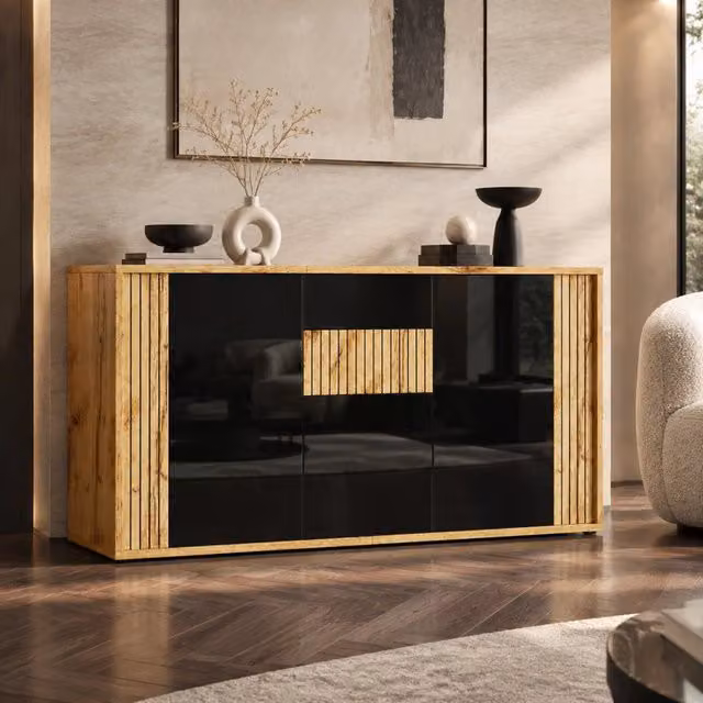 Credenza e madia con 3 ante lucide e 6 vani ad apertura a pressione per interni nero e legno naturale 140 × 35 × 71 cm