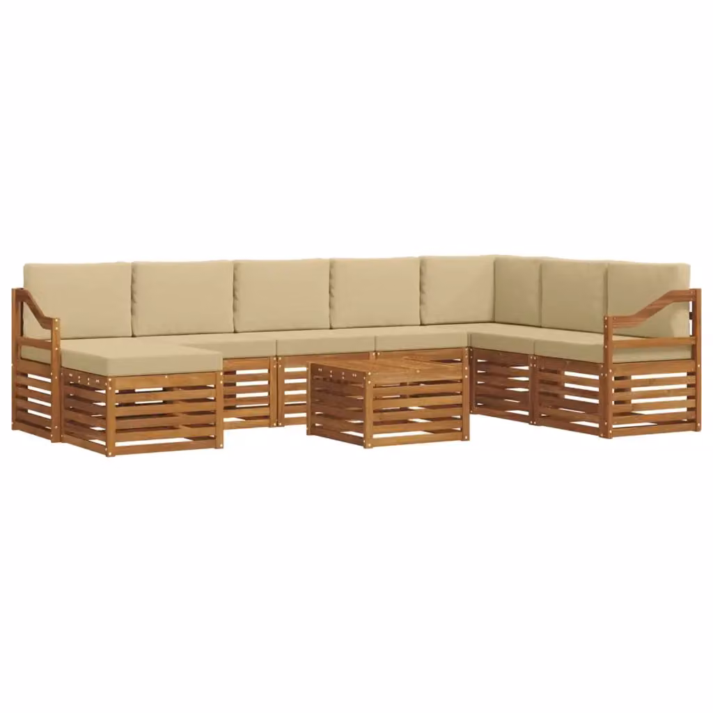 Set di divani da esterno vidaXL a forma di L in legno di acacia con tavolino e pouf, colore beige e sabbia, 9 pezzi – 2