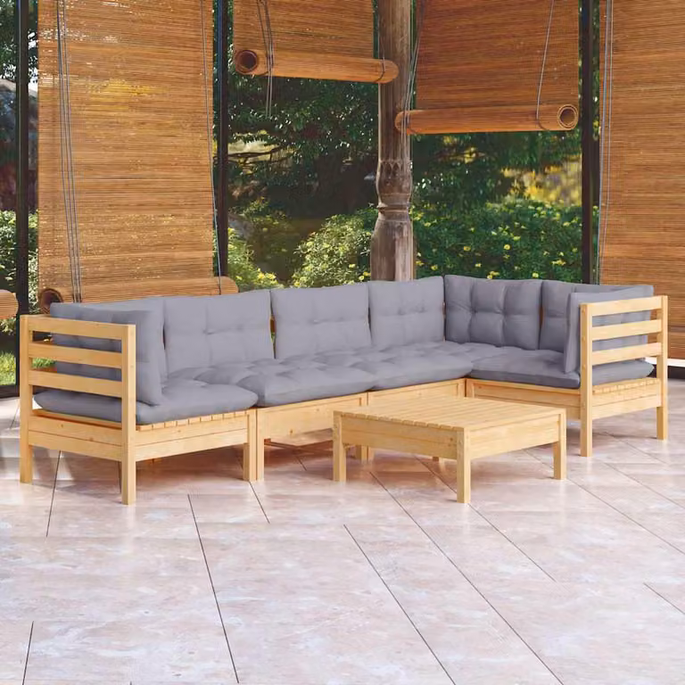 Set di divani da giardino vidaXL a forma di L composto da 6 pezzi in legno massello di pino con cuscini grigi e pouf