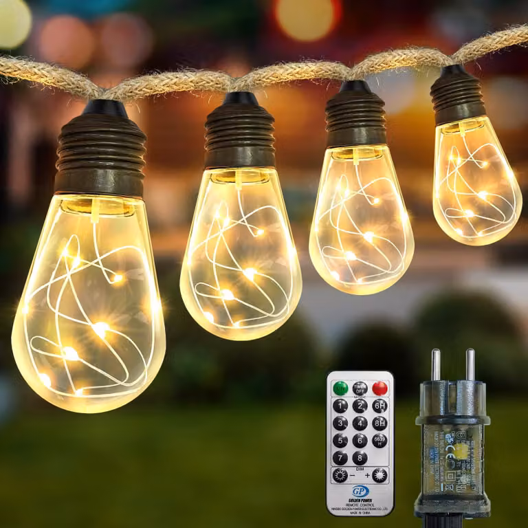 Catena luminosa con 20 lampadine LED bianco caldo, lunghezza 6 metri, dimmerabile, con telecomando