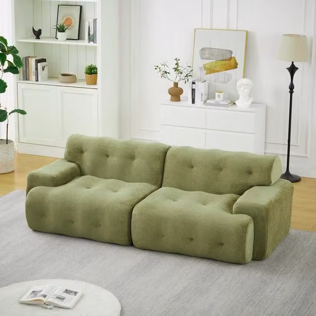 Divano dritto 2 posti modulare con supporto ergonomico e base antiscivolo in ciniglia verde, 224 × 104 × 66 cm