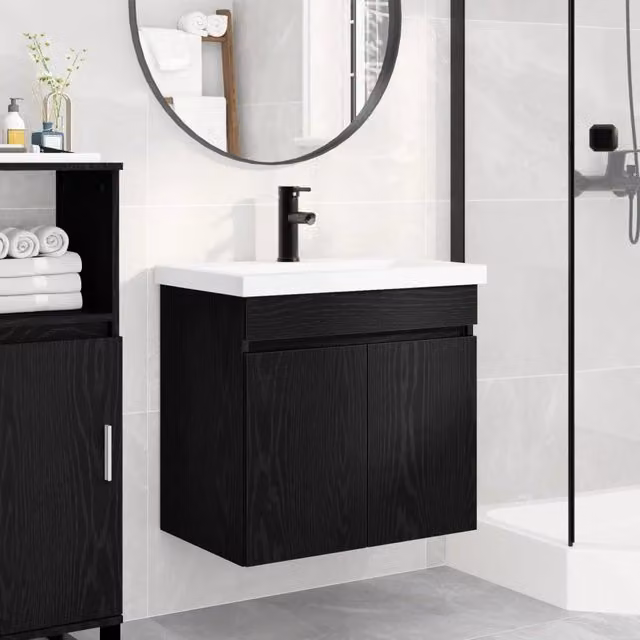 Mobile bagno moderno vidaXL in rovere nero e bianco con rubinetto, sospeso, L: 61 cm, P: 40 cm, H: 74,5 cm – 1
