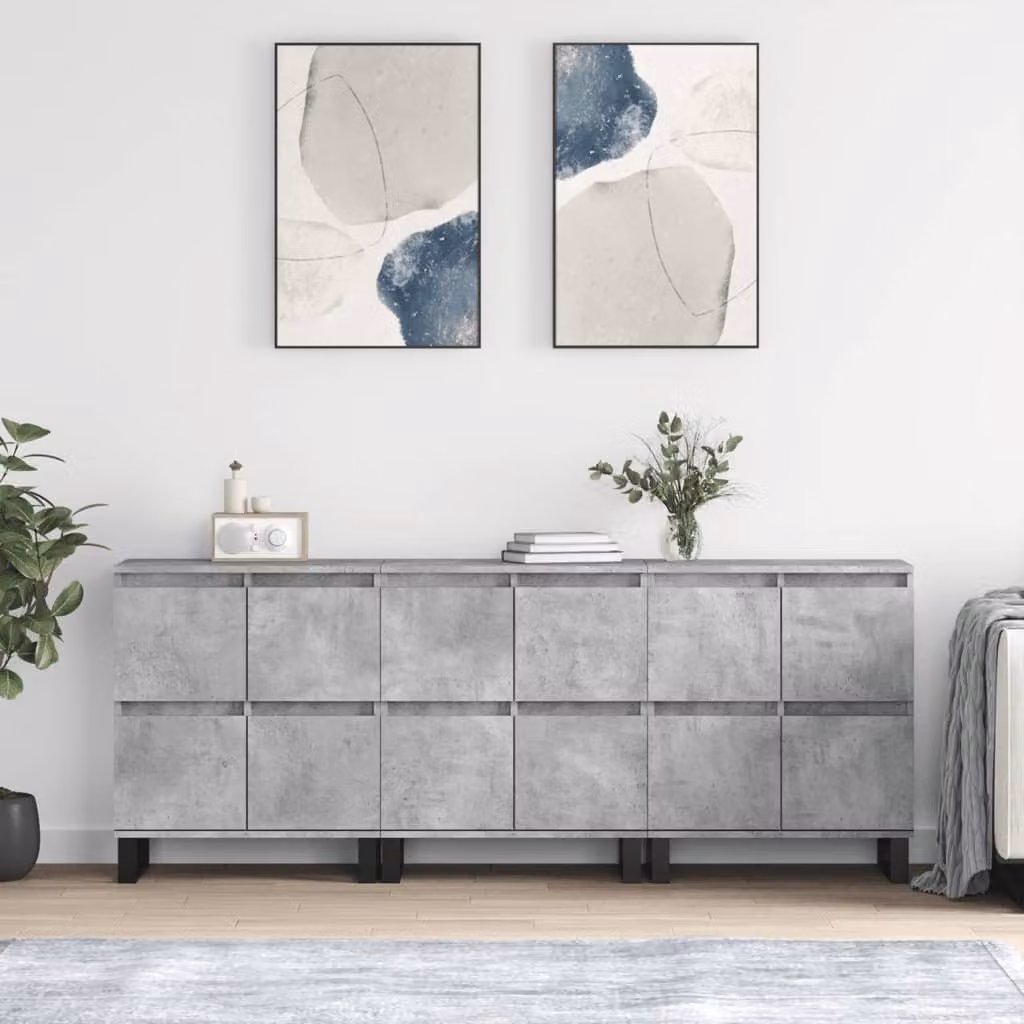 Set di 3 credenze vidaXL in legno multistrato e metallo, colore grigio cemento, L: 180 cm, P: 35 cm, H: 70 cm