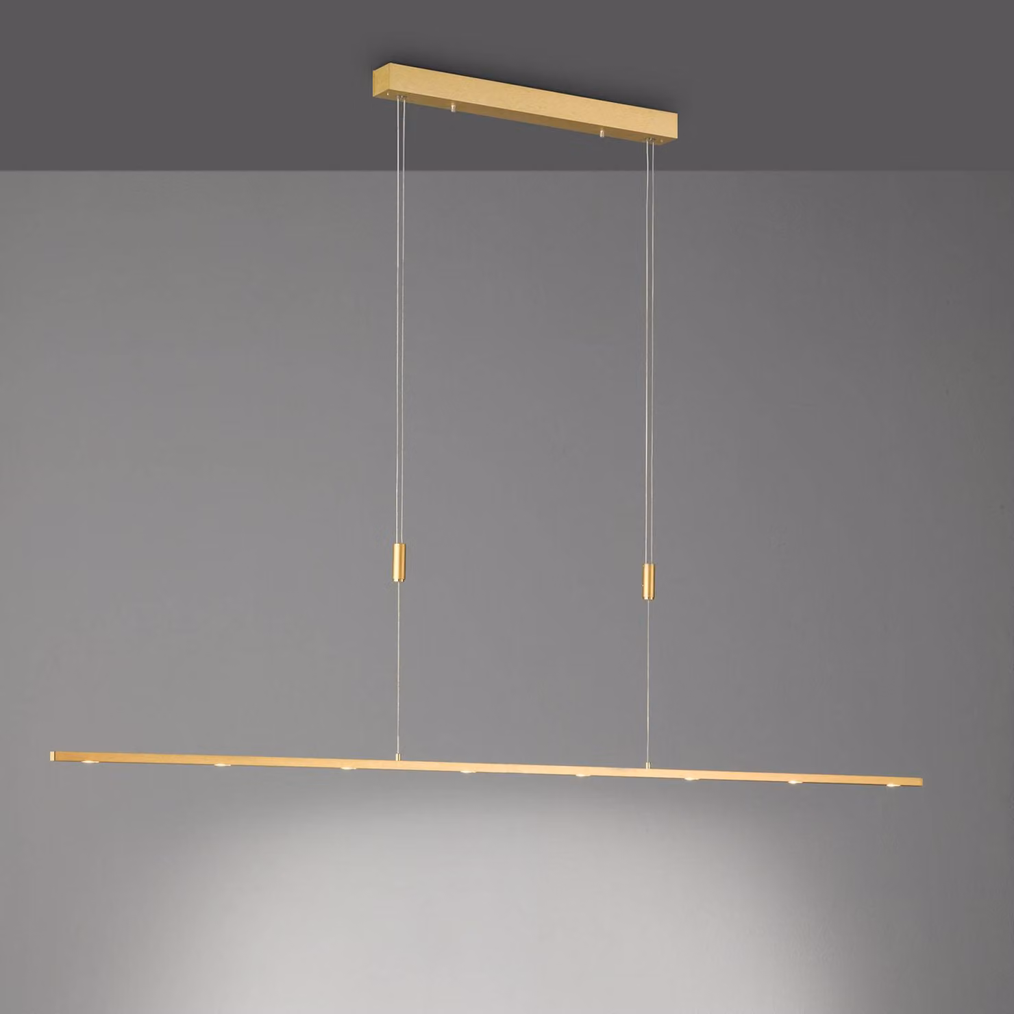 Lampada LED a sospensione Quitani Tolu, lunghezza 179 cm, ottone Tolu Quitani, dimmerabile, Ottone / Oro, Soggiorno / Sala da pranzo, Alluminio, Moderno