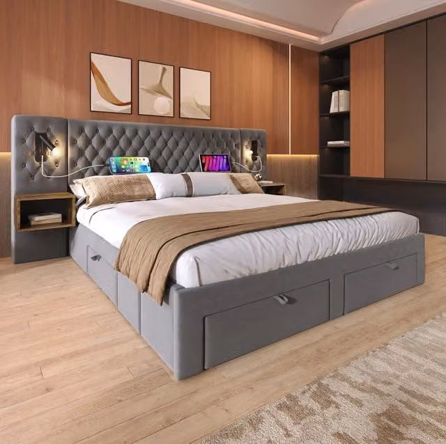 Letto matrimoniale ULEVR 160x200 cm con materasso, 4 cassetti, comodini, luci da lettura USB e Type-C, velluto grigio