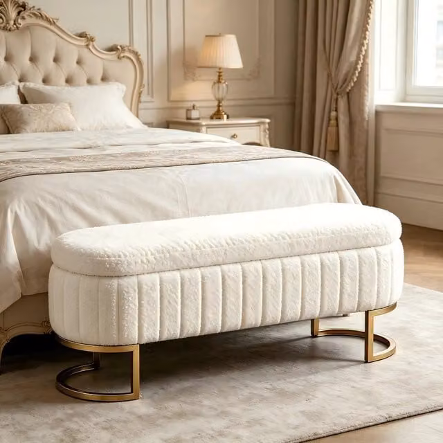 Panca contenitore REDOM in metallo e legno color beige e bianco