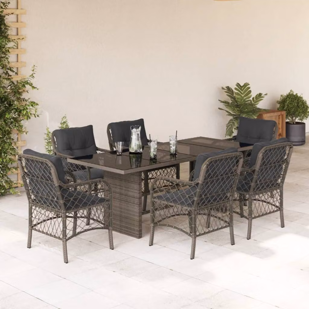 vidaXL Set da Pranzo da Giardino 7 pz in Polyrattan Grigio con Piano in Vetro – 1