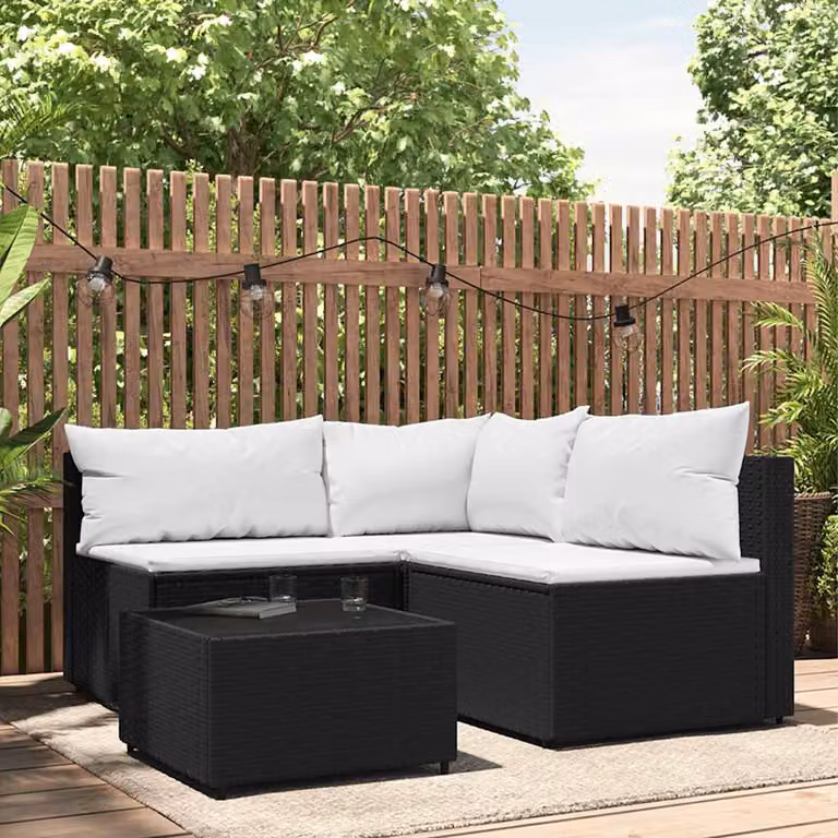 Set da giardino vidaXL in rattan con cuscini e tavolino, design moderno a L con struttura in acciaio nero e bianco