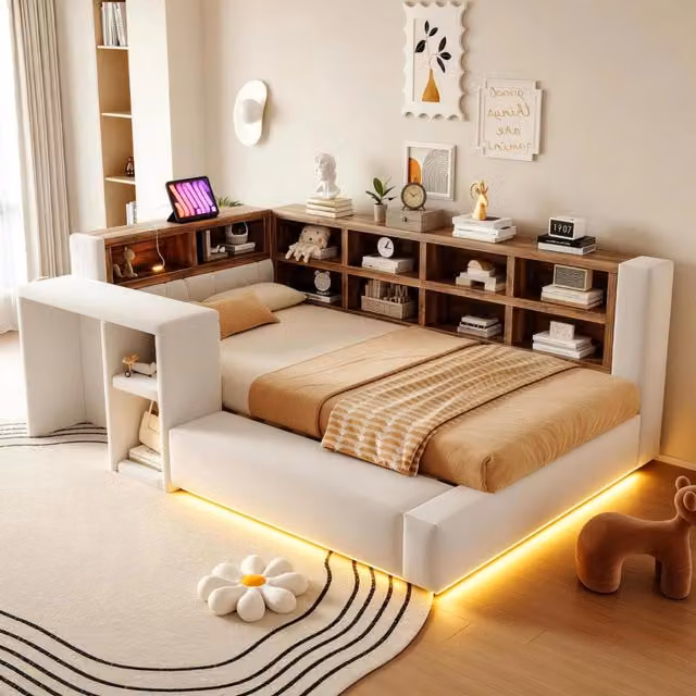 Letto imbottito con testiera a più livelli e LED, 90x200 cm, beige