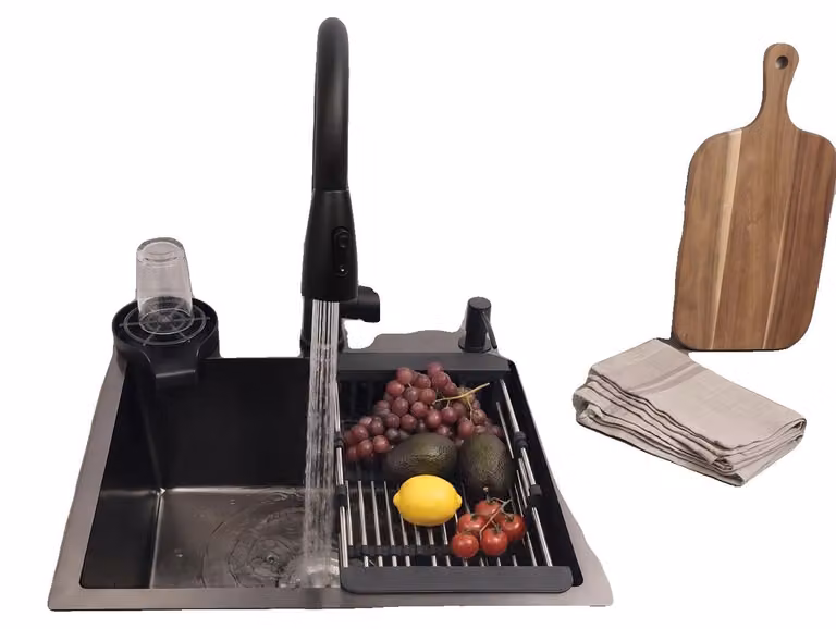 Lavello da cucina, 50 x 45 cm, miscelatore estraibile 40 cm, dispenser per sapone da 300 ml, diametro dello scarico 11 cm, tipo di montaggio: da piano o da incasso