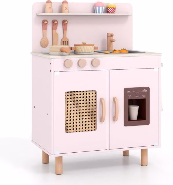 Cucina giocattolo in legno per bambini con lavello e fornello, set cucinetta rosa con spazio di stoccaggio per età 3+ anni
