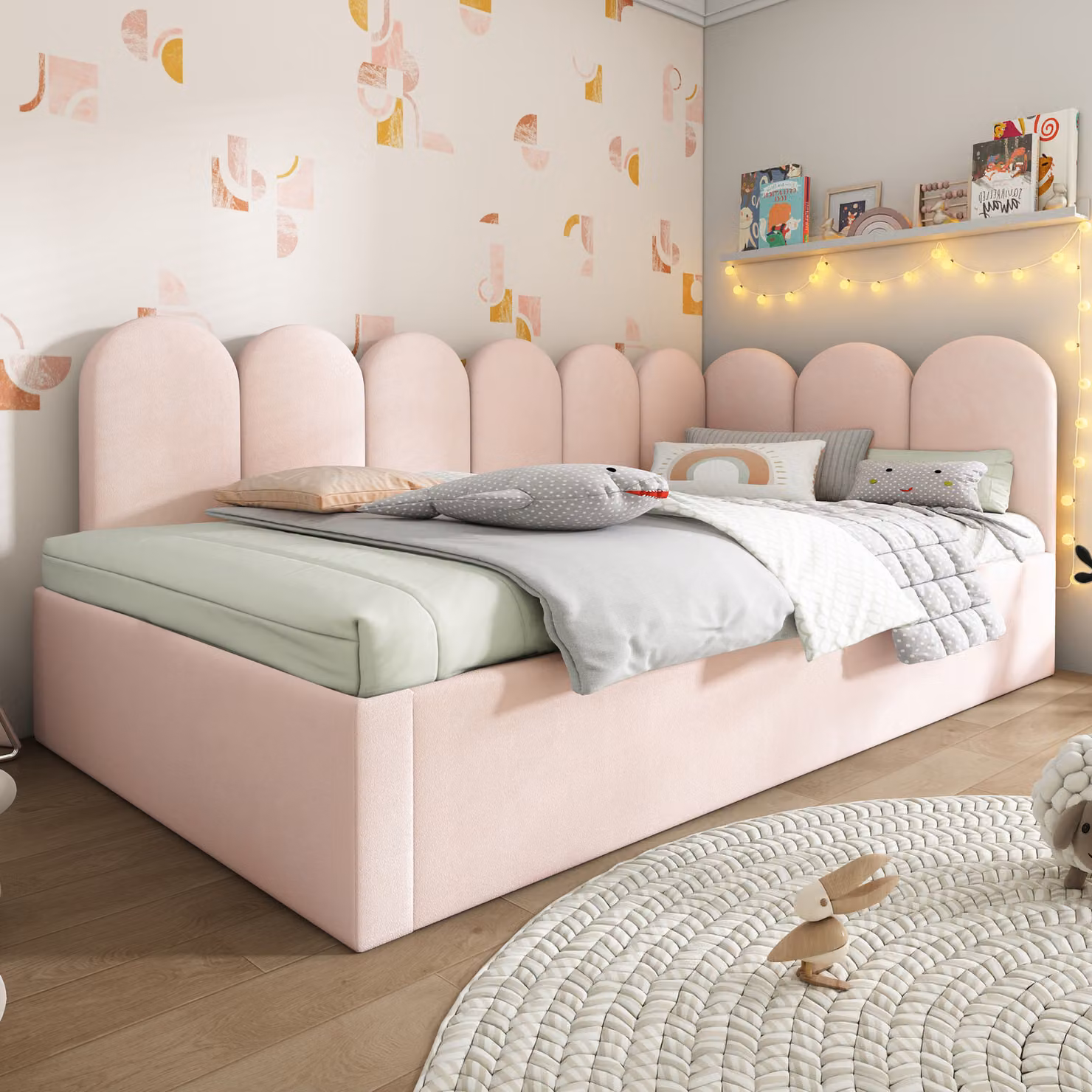 okwish Letto imbottito Daybed 90x200 cm, Letto pieghevole con letto ribaltabile 90x190 cm, Letto per bambini con rete, Velluto, Con materasso, rosa