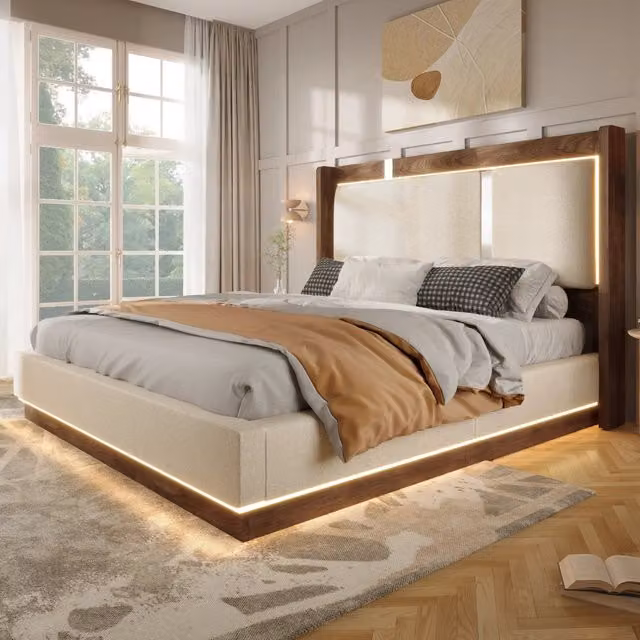 Letto Contenitore REDOM Beige con Illuminazione LED e Struttura in Legno e Metallo L/P/H: 140 x 200 cm