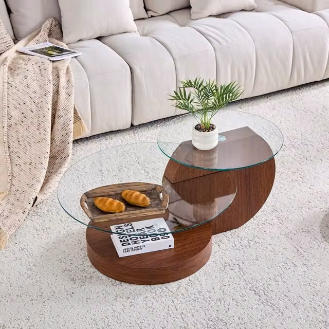 Tavolino basso a due livelli in vetro di sicurezza e MDF, per soggiorno, effetto noce, 78.5 × 78.5 × 24.5 cm