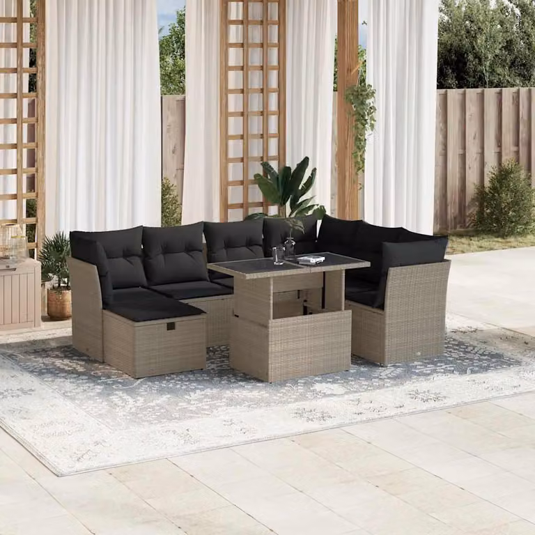 vidaXL Set Divano da Giardino a L in Polyrattan Grigio con Cuscini e Tavolino, 8 Pezzi