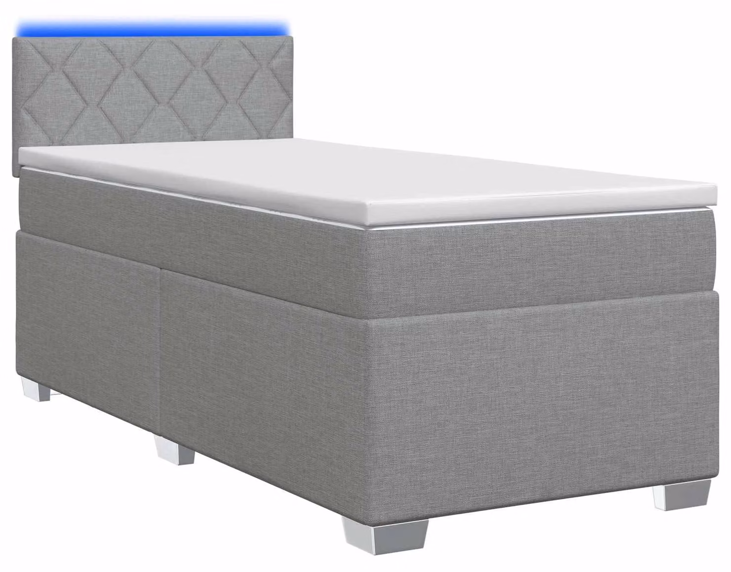 Letto con boxspring, materasso e luci LED, colore grigio chiaro, modello singolo, rivestito in tessuto
